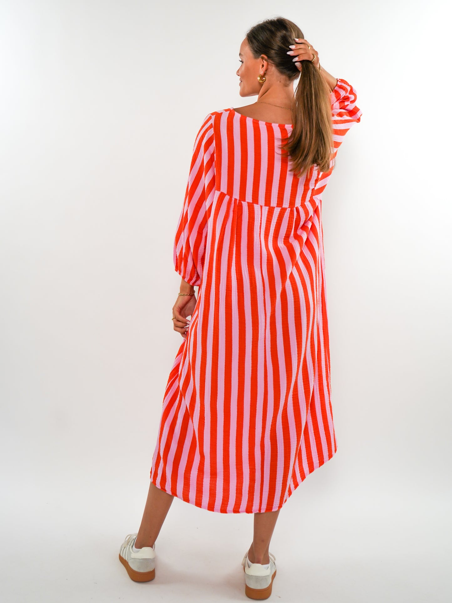 Musselin Midikleid Lotta Stripes - Rosa/Orange