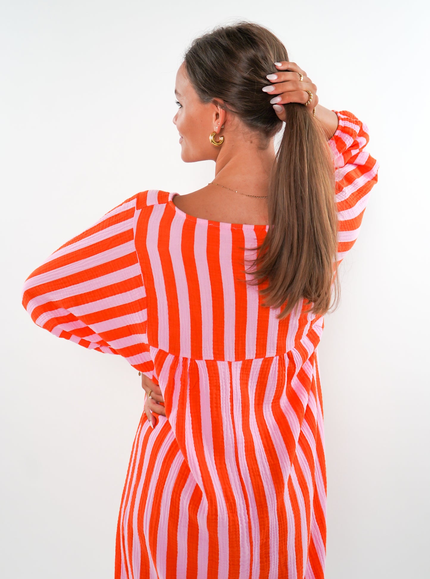 Musselin Midikleid Lotta Stripes - Rosa/Orange