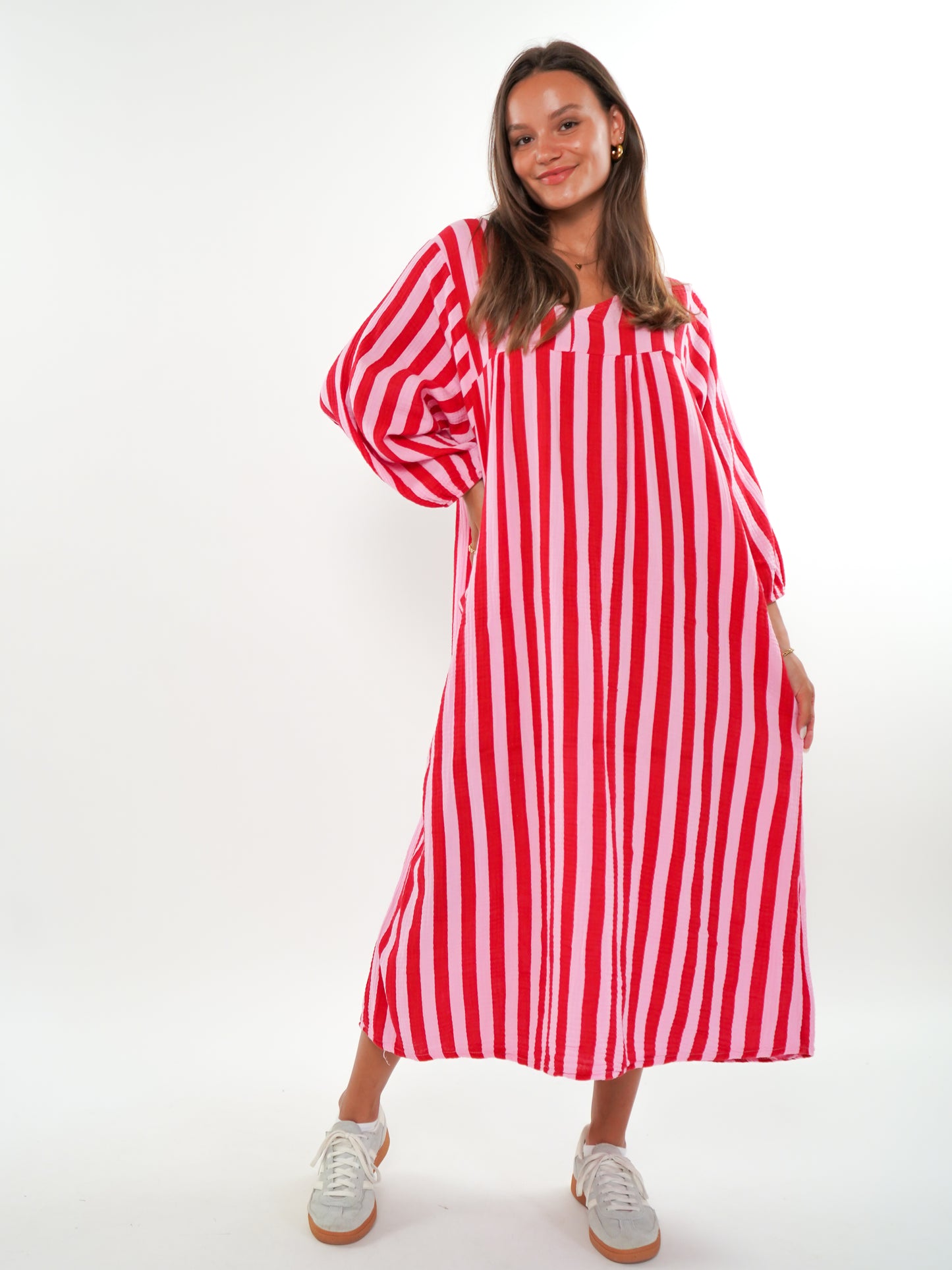 Musselin Midikleid Lotta Stripes - Rosa/Rot