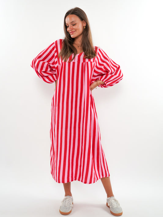 Musselin Midikleid Lotta Stripes - Rosa/Rot