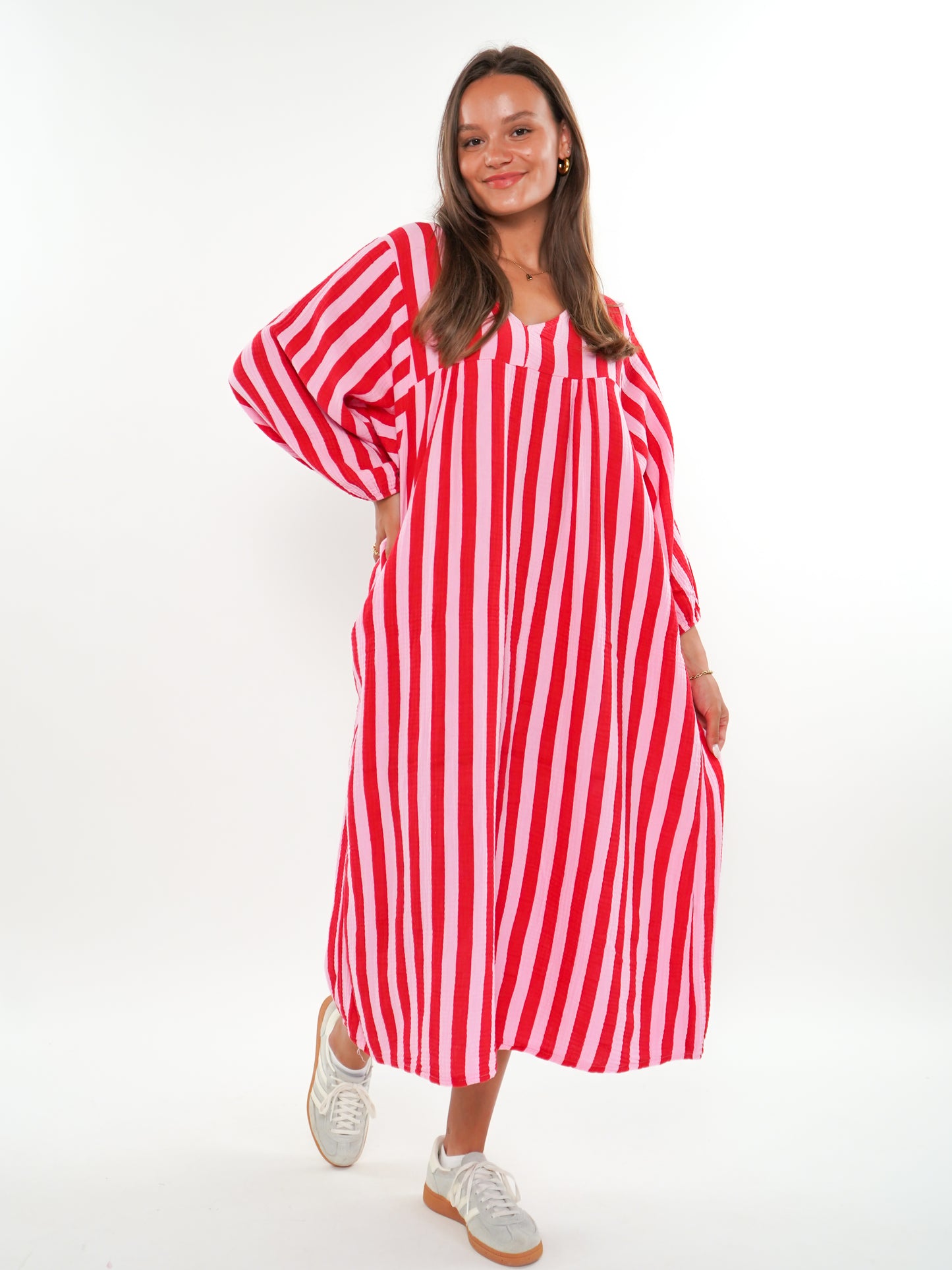 Musselin Midikleid Lotta Stripes - Rosa/Rot