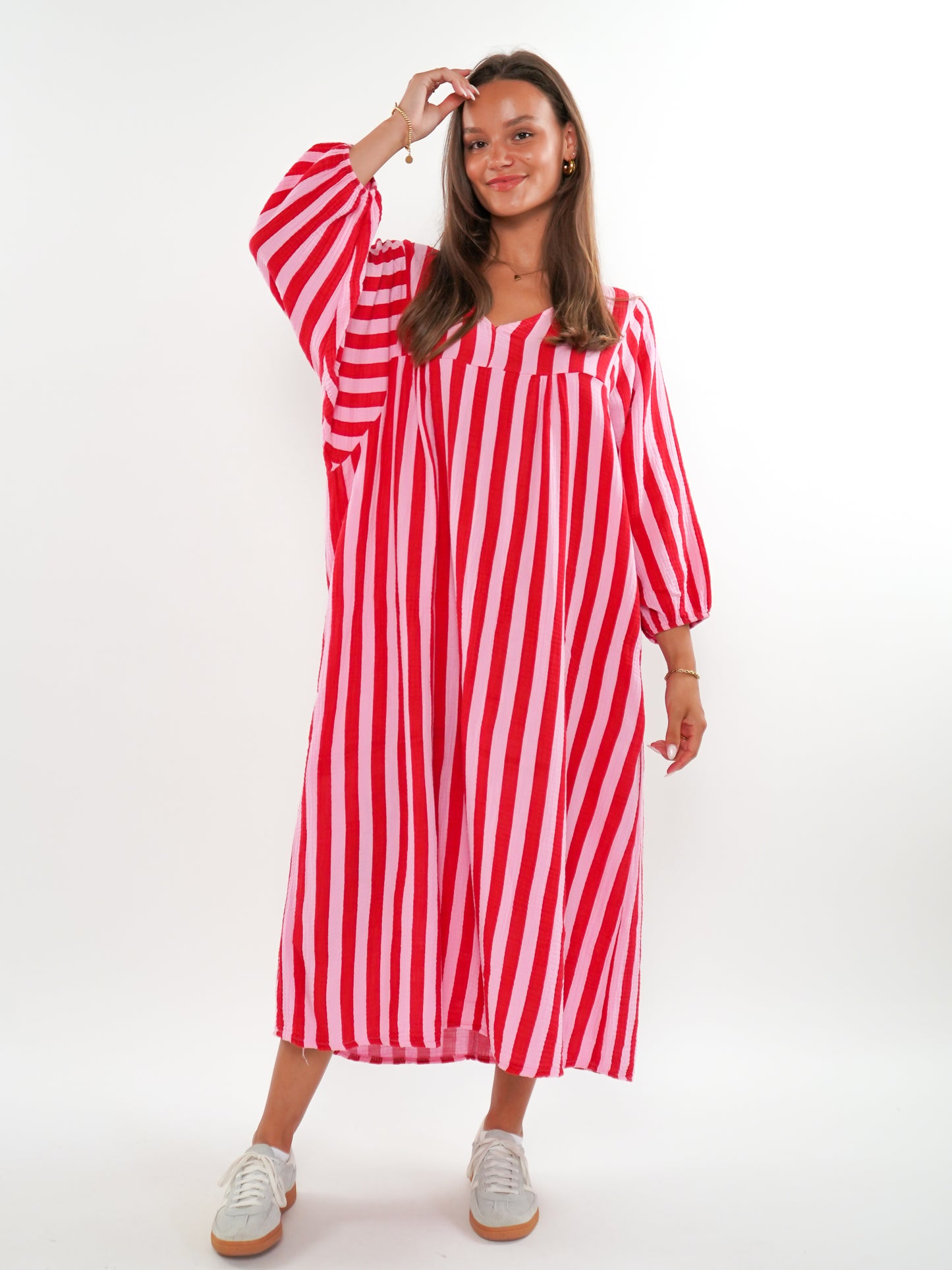 Musselin Midikleid Lotta Stripes - Rosa/Rot