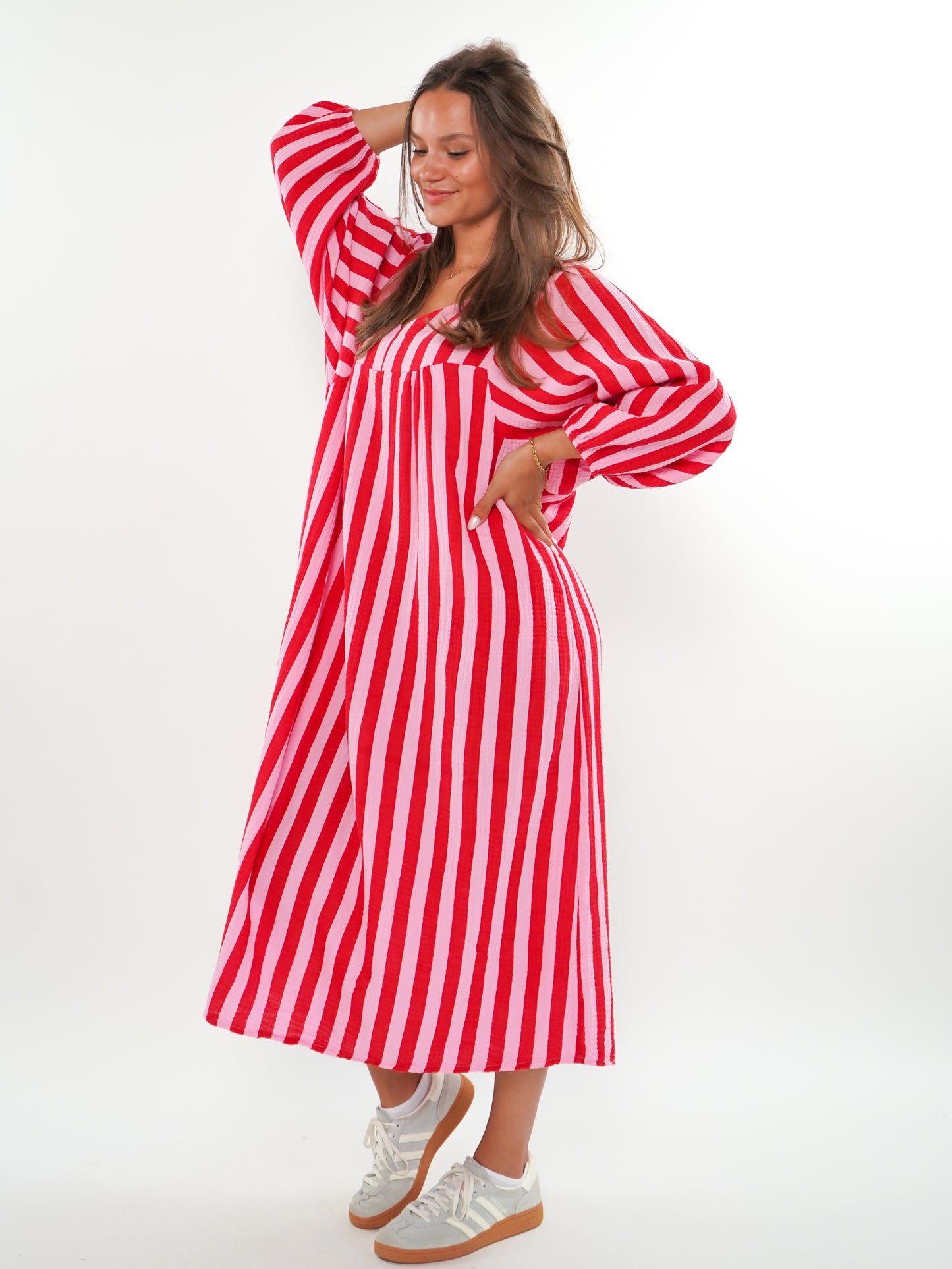 Musselin Midikleid Lotta Stripes - Rosa/Rot