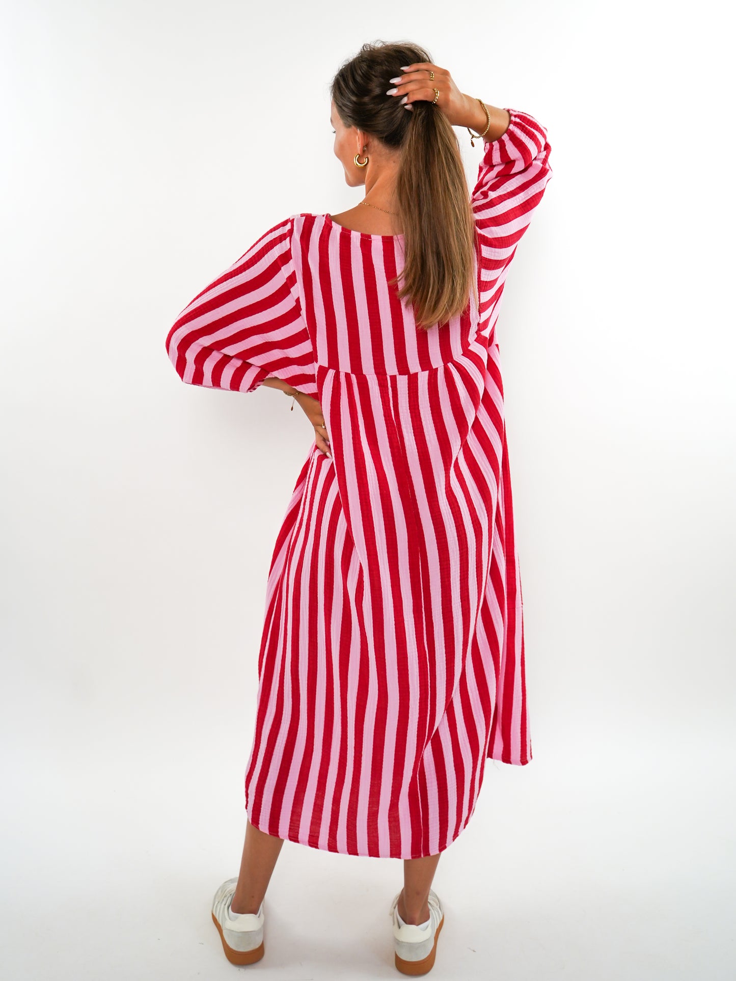 Musselin Midikleid Lotta Stripes - Rosa/Rot