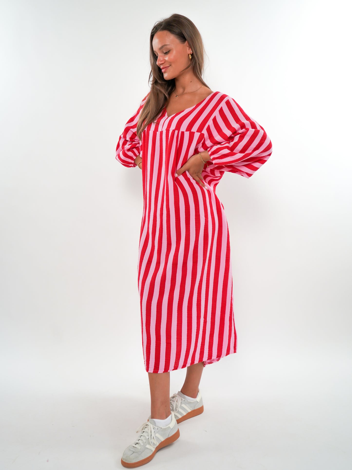 Musselin Midikleid Lotta Stripes - Rosa/Rot