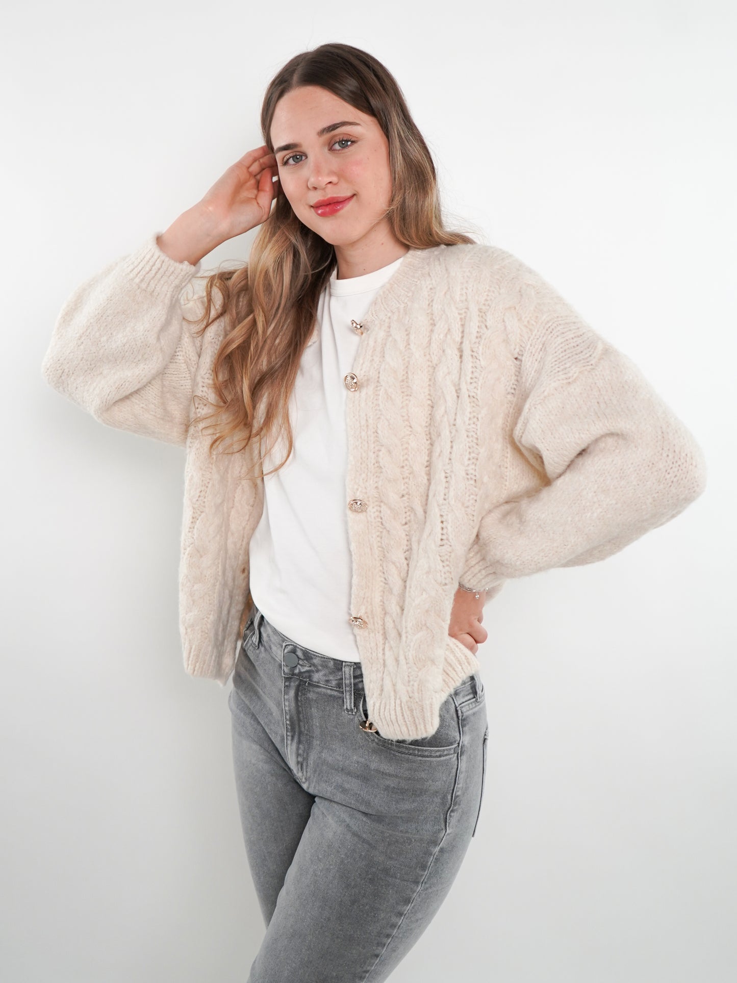 Zopfmuster Strickjacke Alexa - Creme