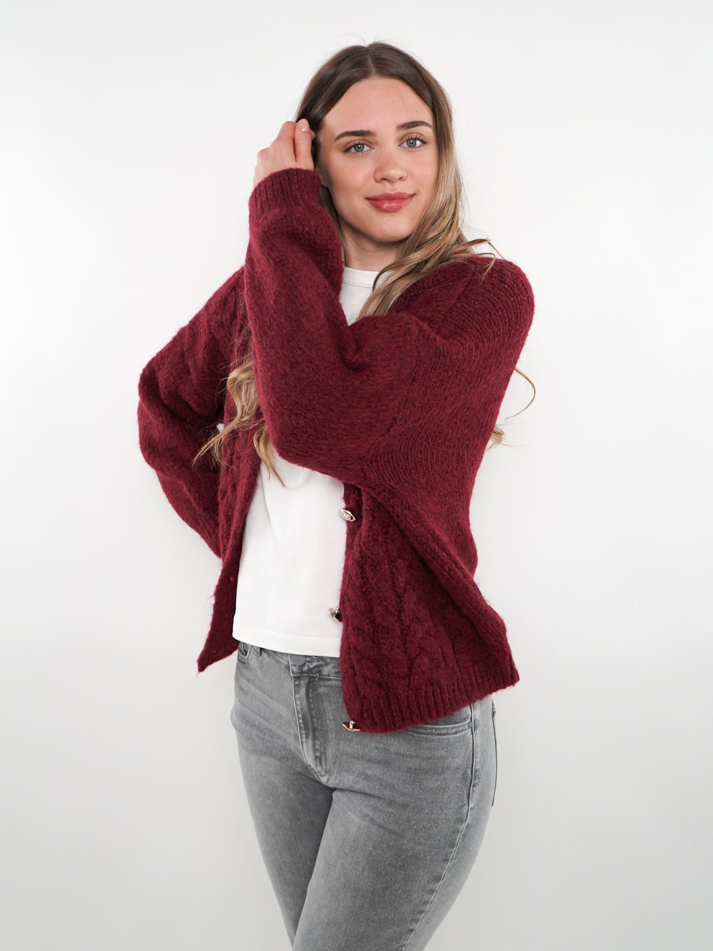 Zopfmuster Strickjacke Alexa - Bordeaux