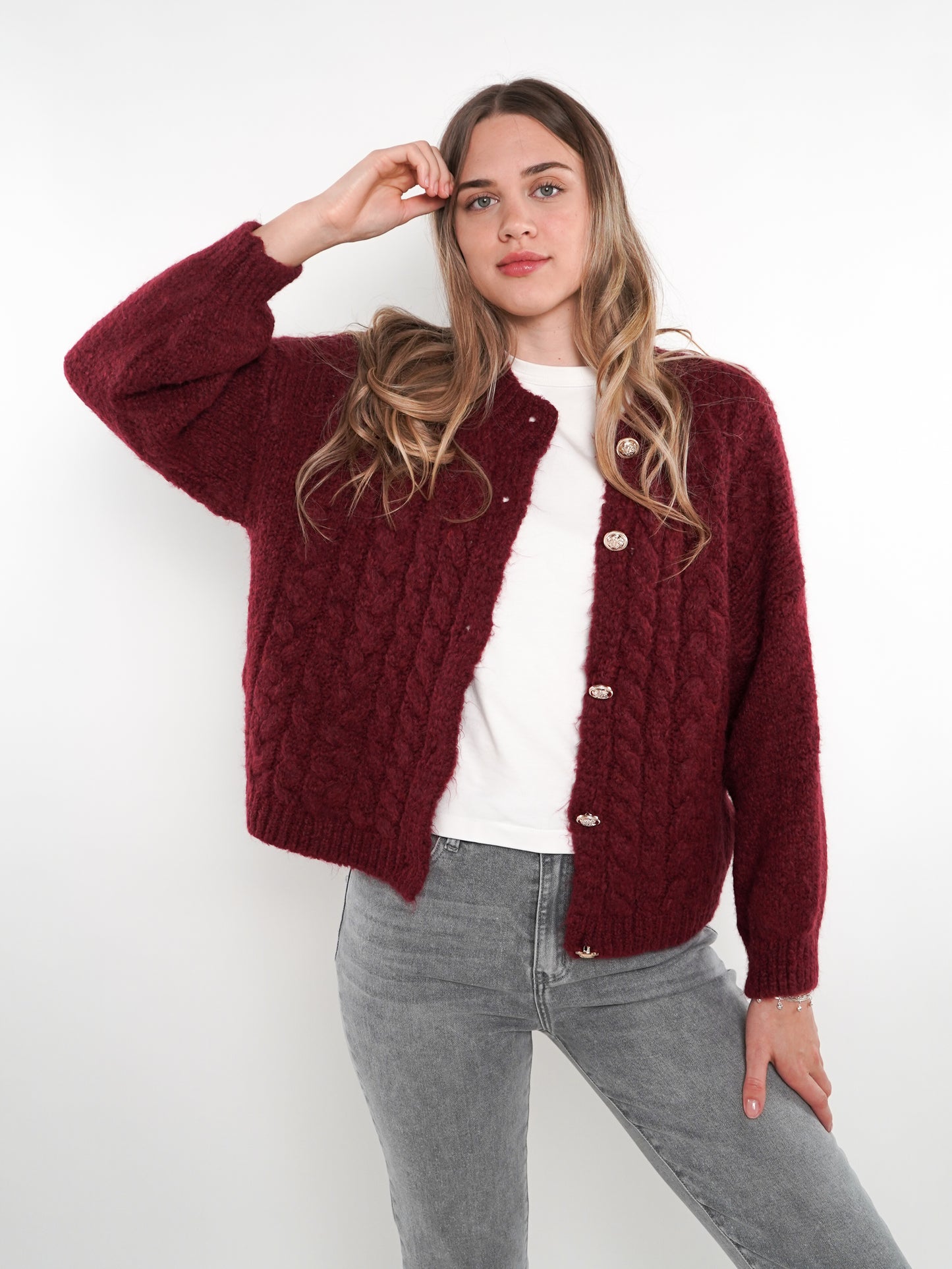 Zopfmuster Strickjacke Alexa - Bordeaux