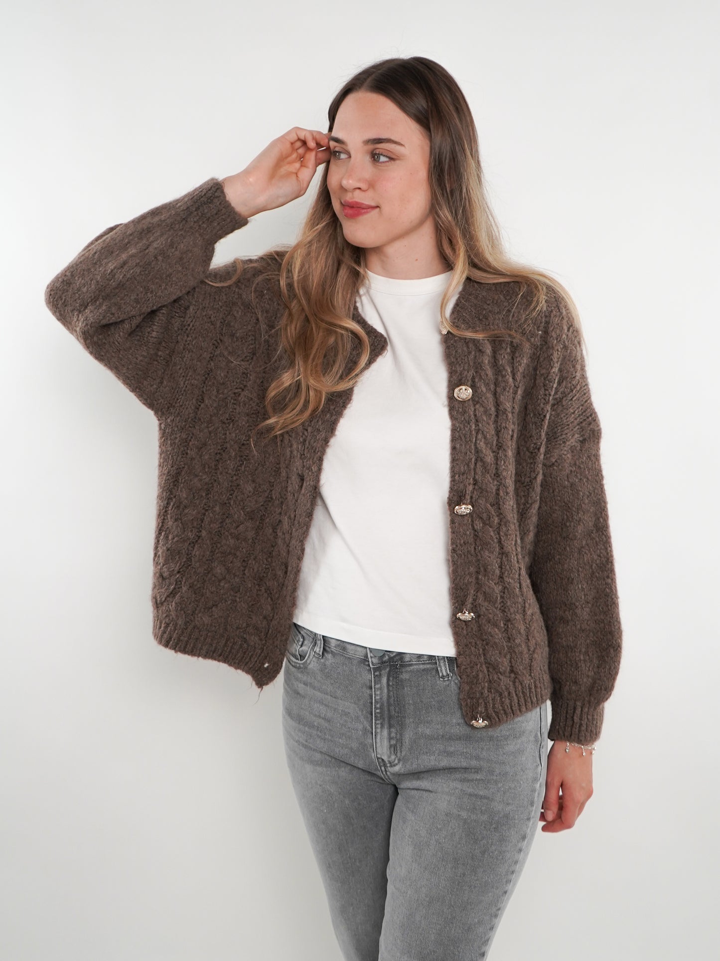 Zopfmuster Strickjacke Alexa - Braun