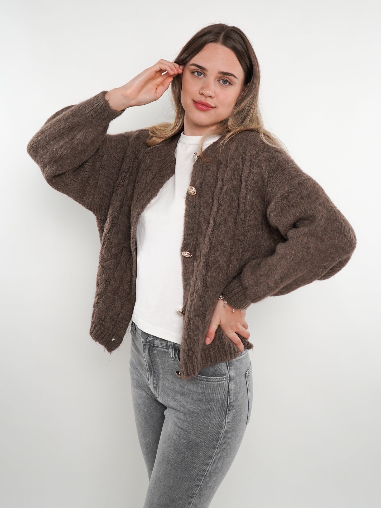 Zopfmuster Strickjacke Alexa - Braun