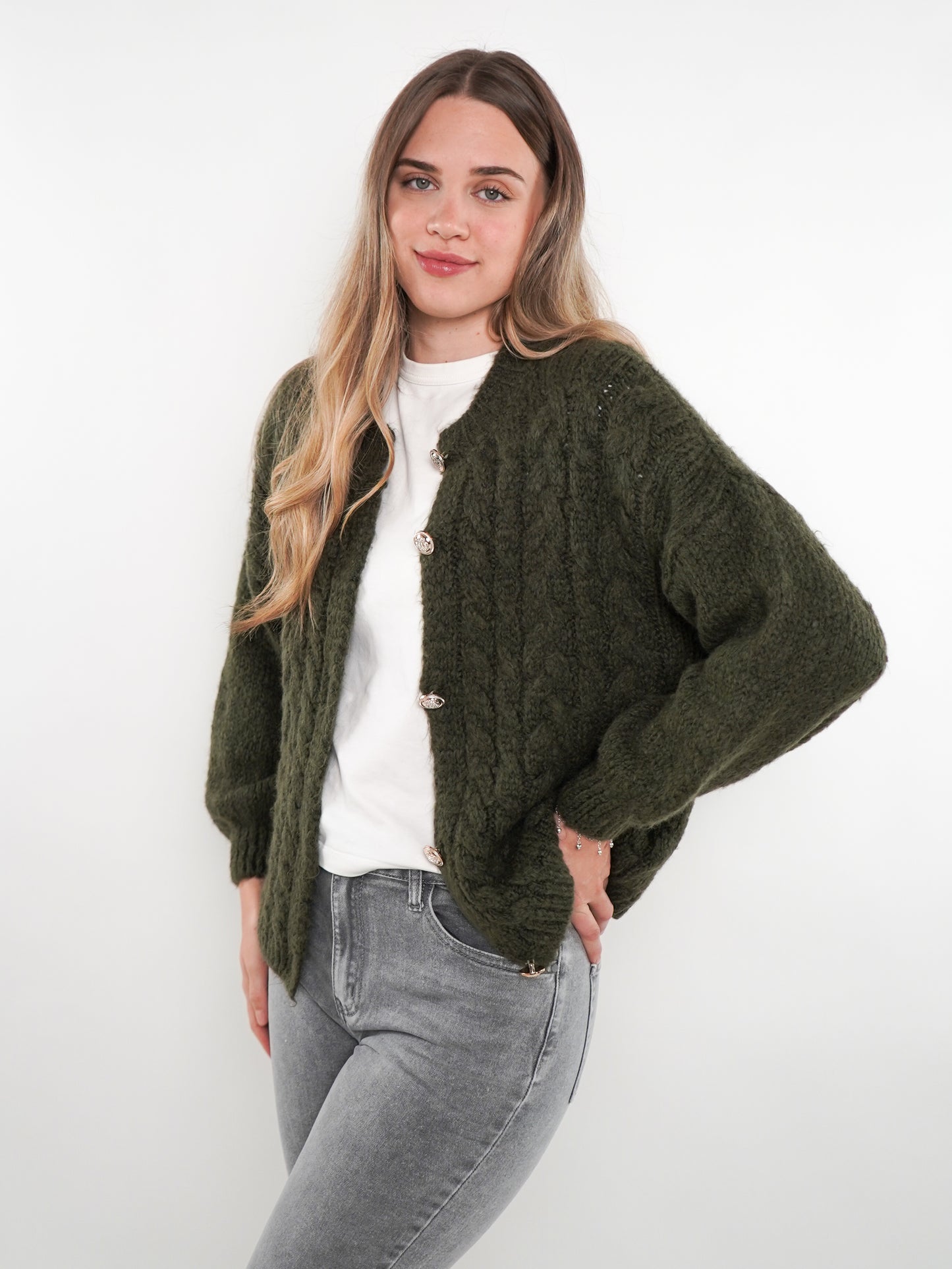 Zopfmuster Strickjacke Alexa - Waldgrün