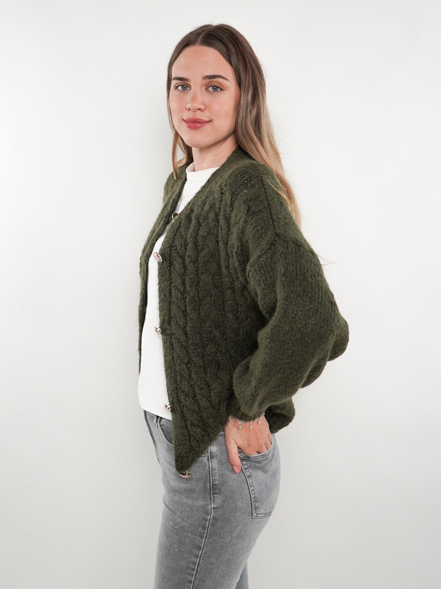 Zopfmuster Strickjacke Alexa - Waldgrün