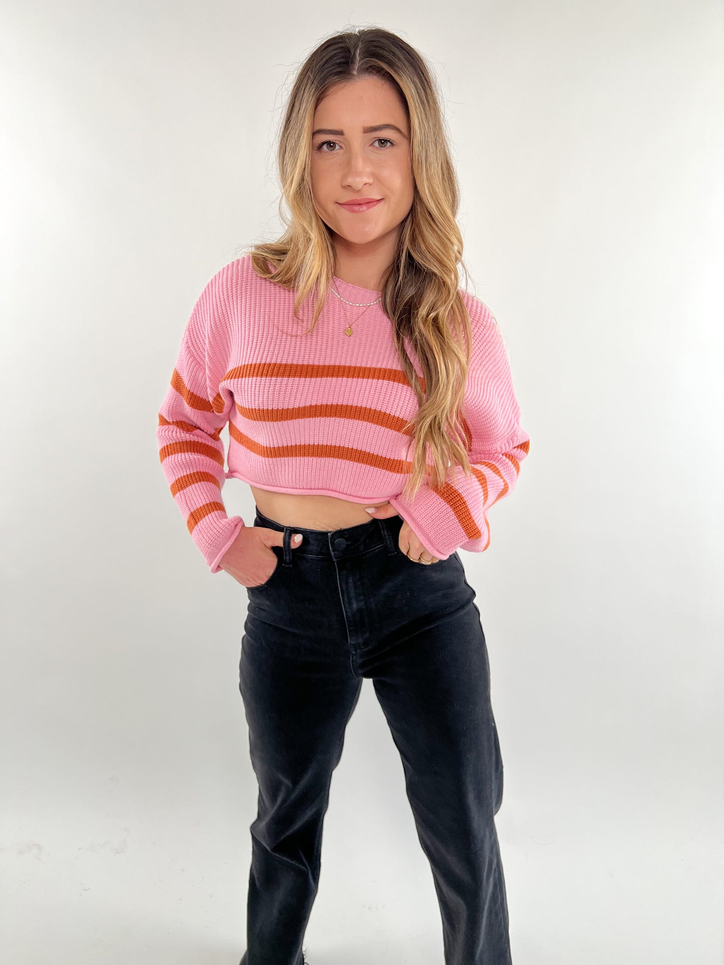 Crop Sweater Stripe Knit - rosa braun