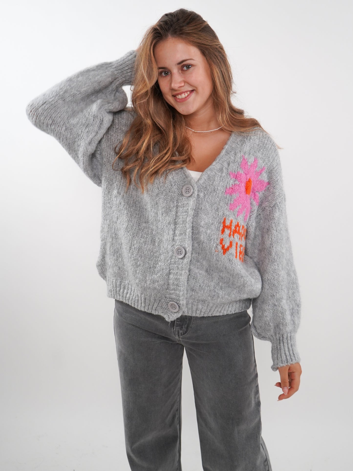 HAPPY VIBES Strickjacke - Grau