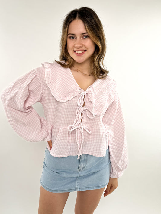 Musselin Bow Cardigan langarm kariert  - rosa/weiß