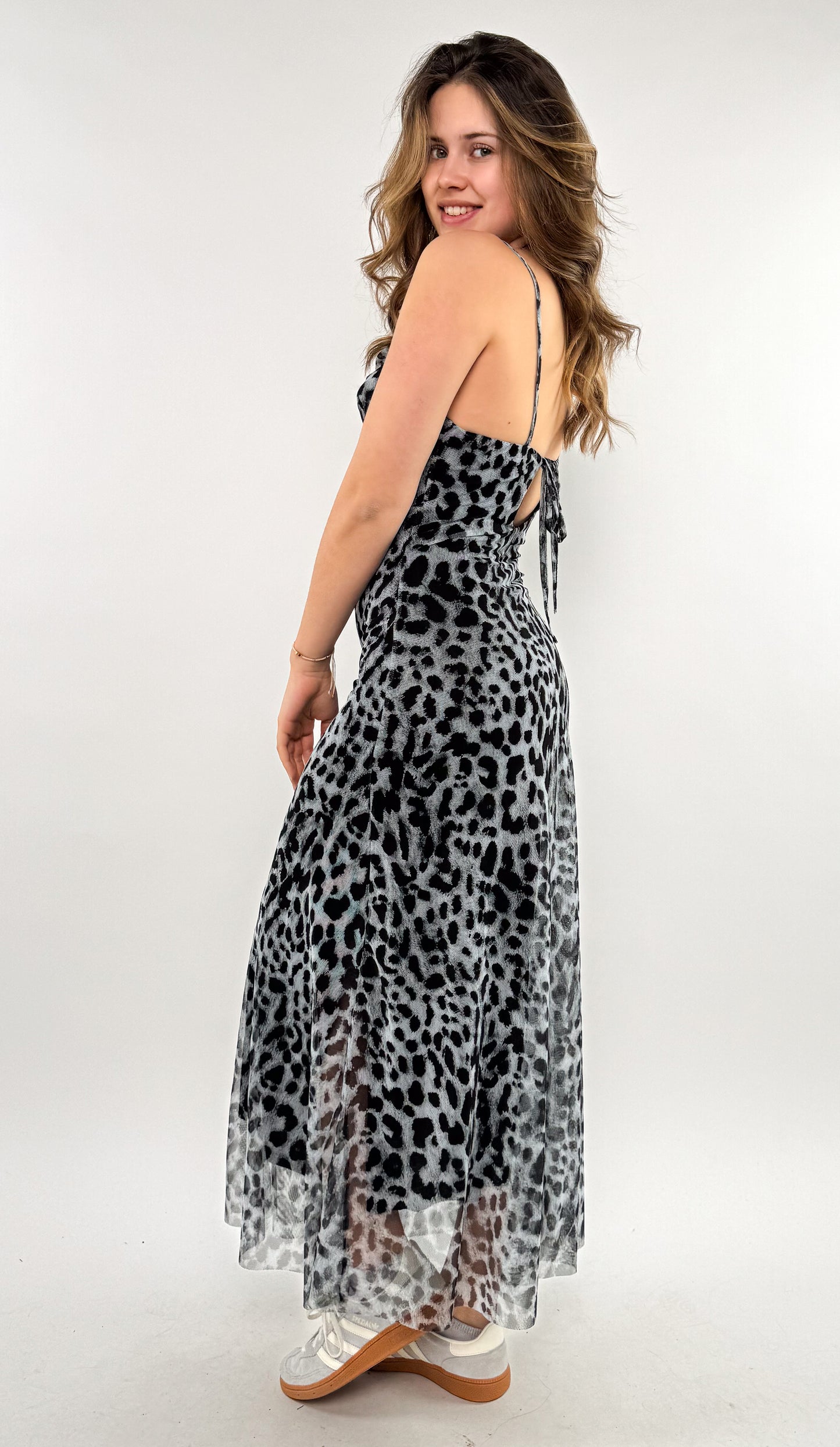 Mesh Leoprint Maxikleid -  grau