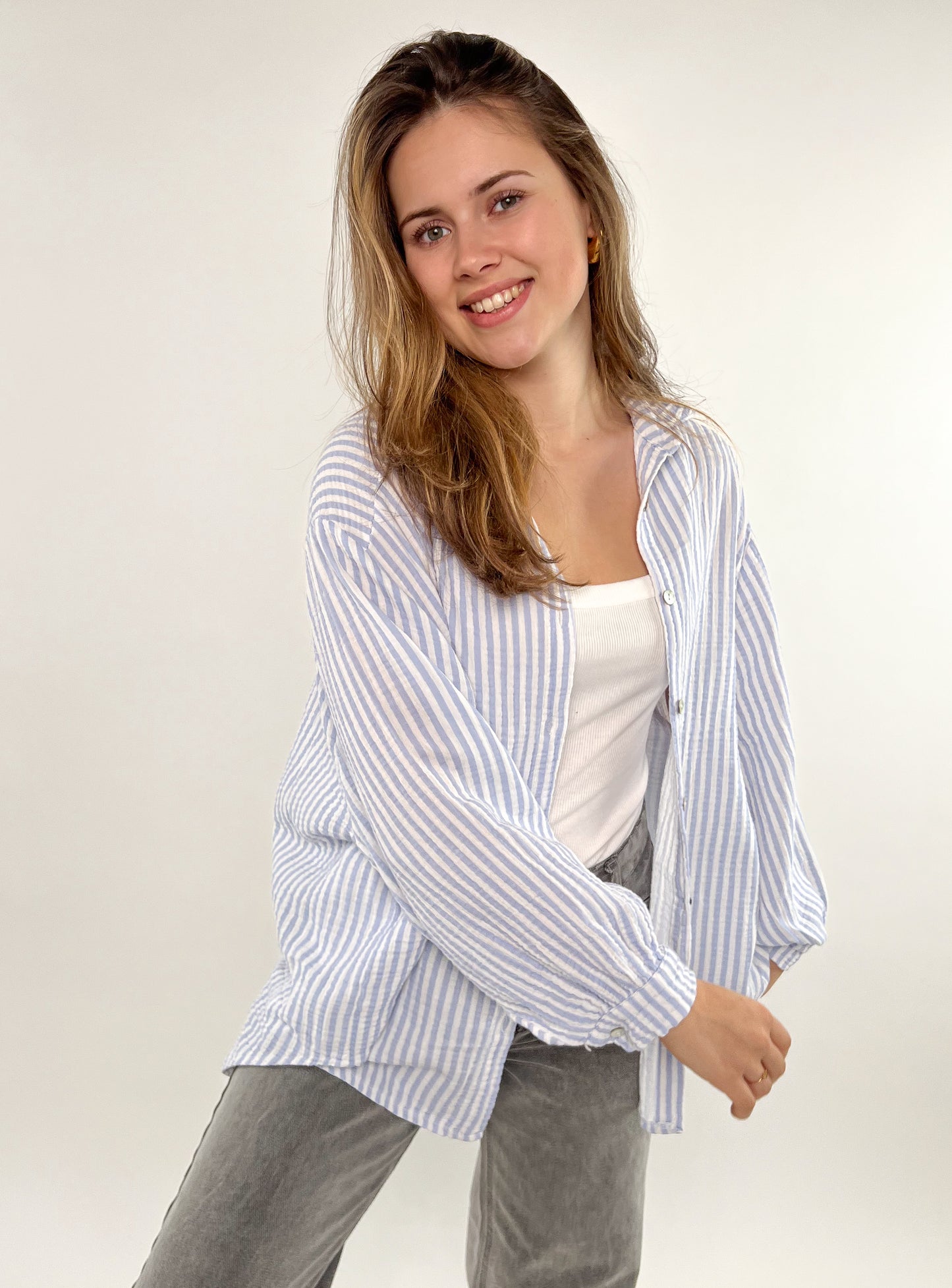 Musselinbluse Stripes kurz - hellblau