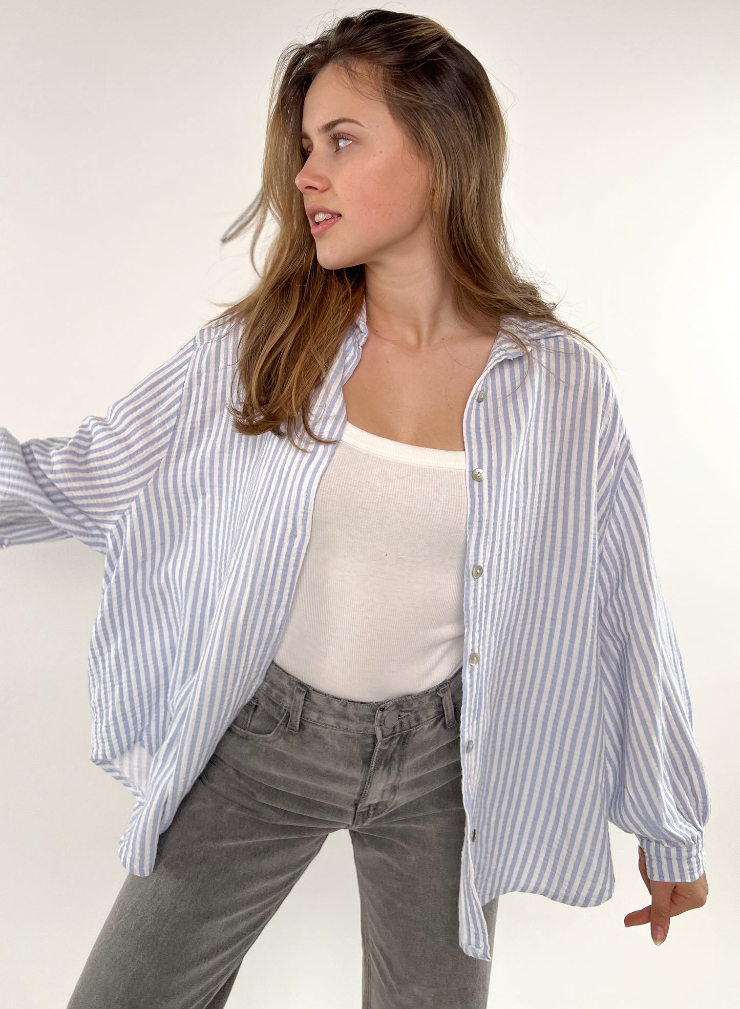 Musselinbluse Stripes kurz - hellblau