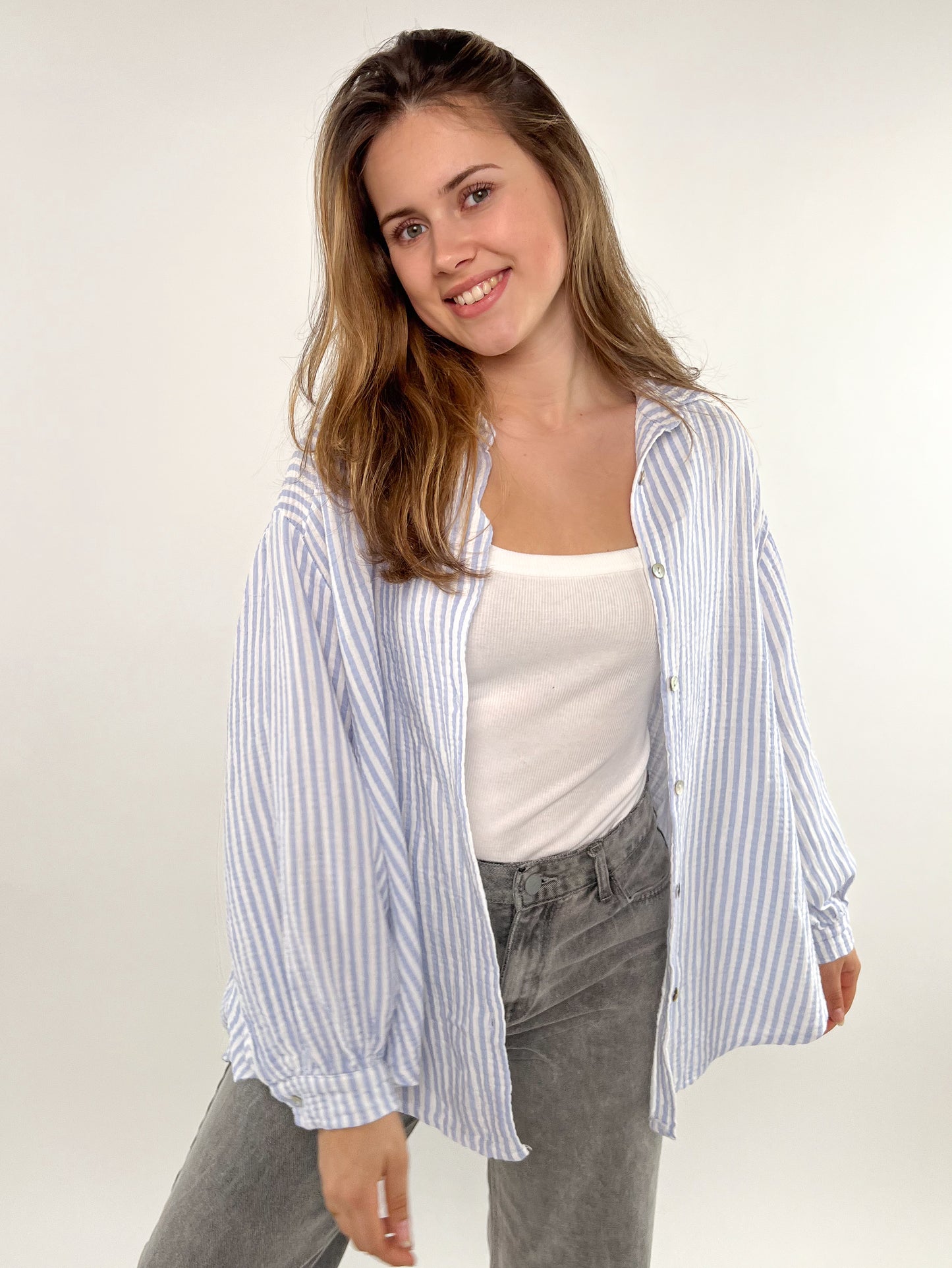 Musselinbluse Stripes kurz - hellblau