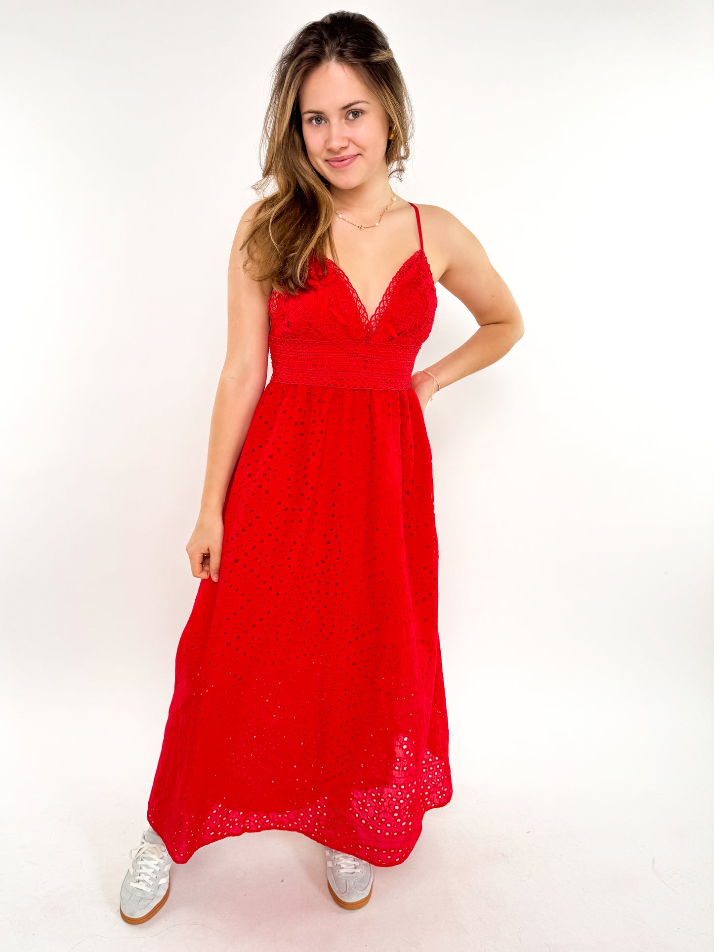 Cotton Lace Midi Dress - rot