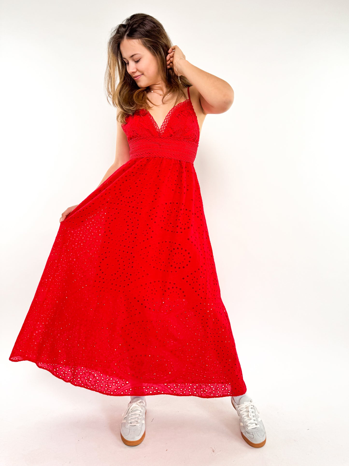 Cotton Lace Midi Dress - rot