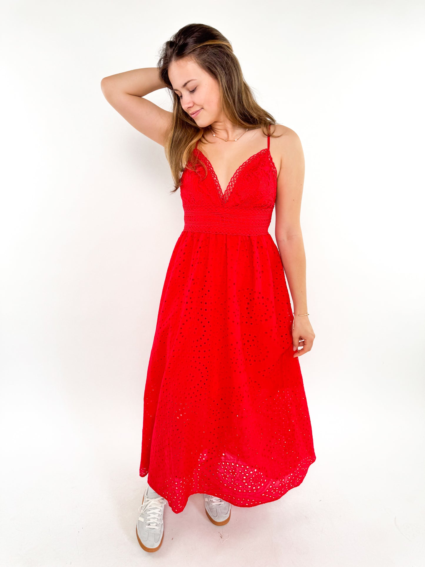 Cotton Lace Midi Dress - rot