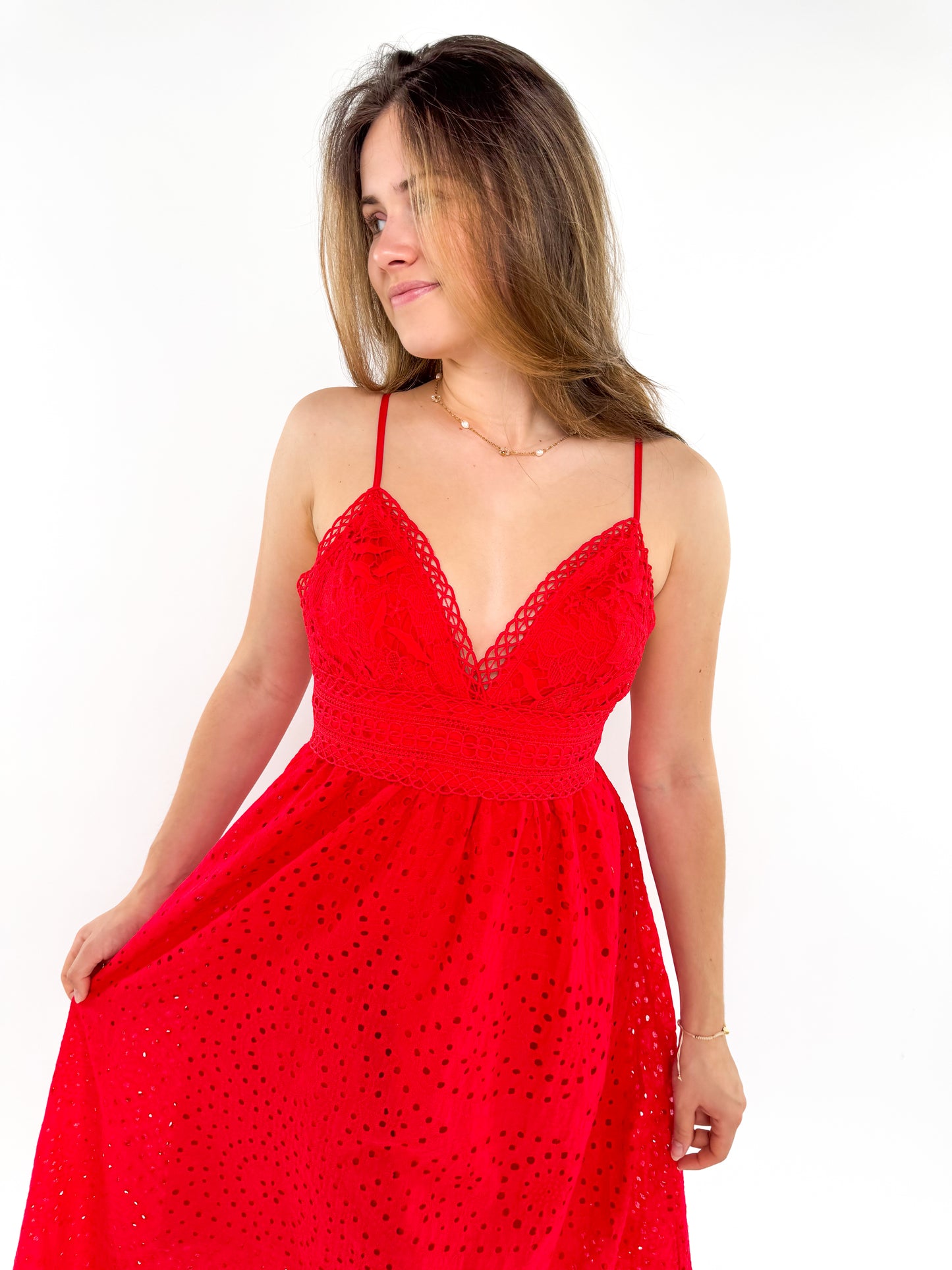 Cotton Lace Midi Dress - rot