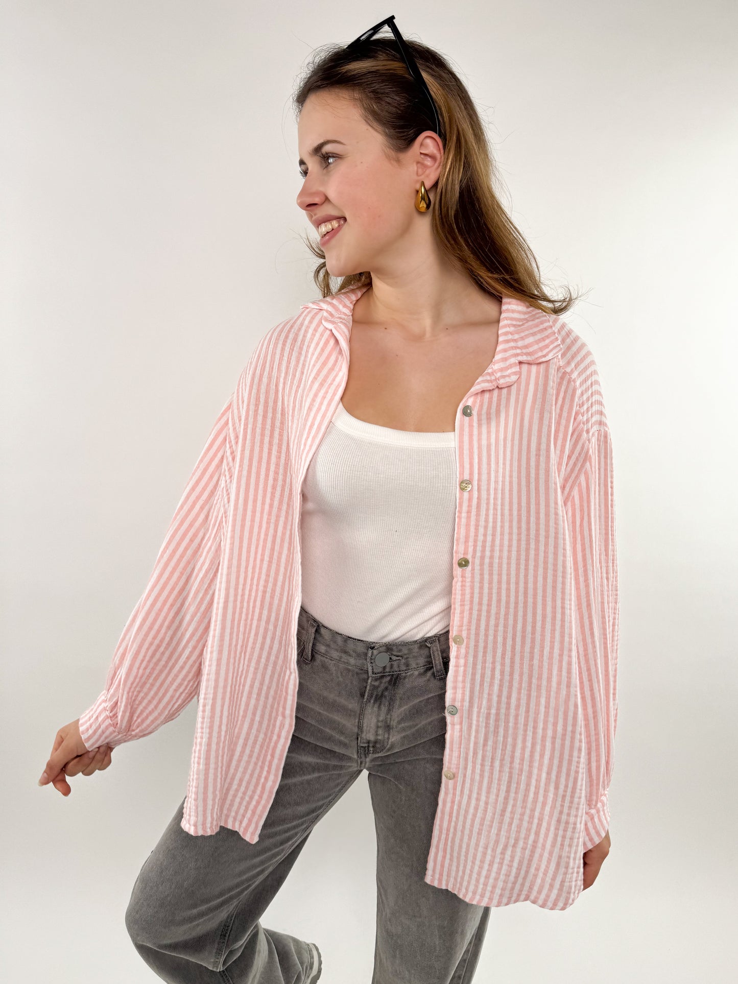 Musselinbluse Stripes kurz - hellrosa