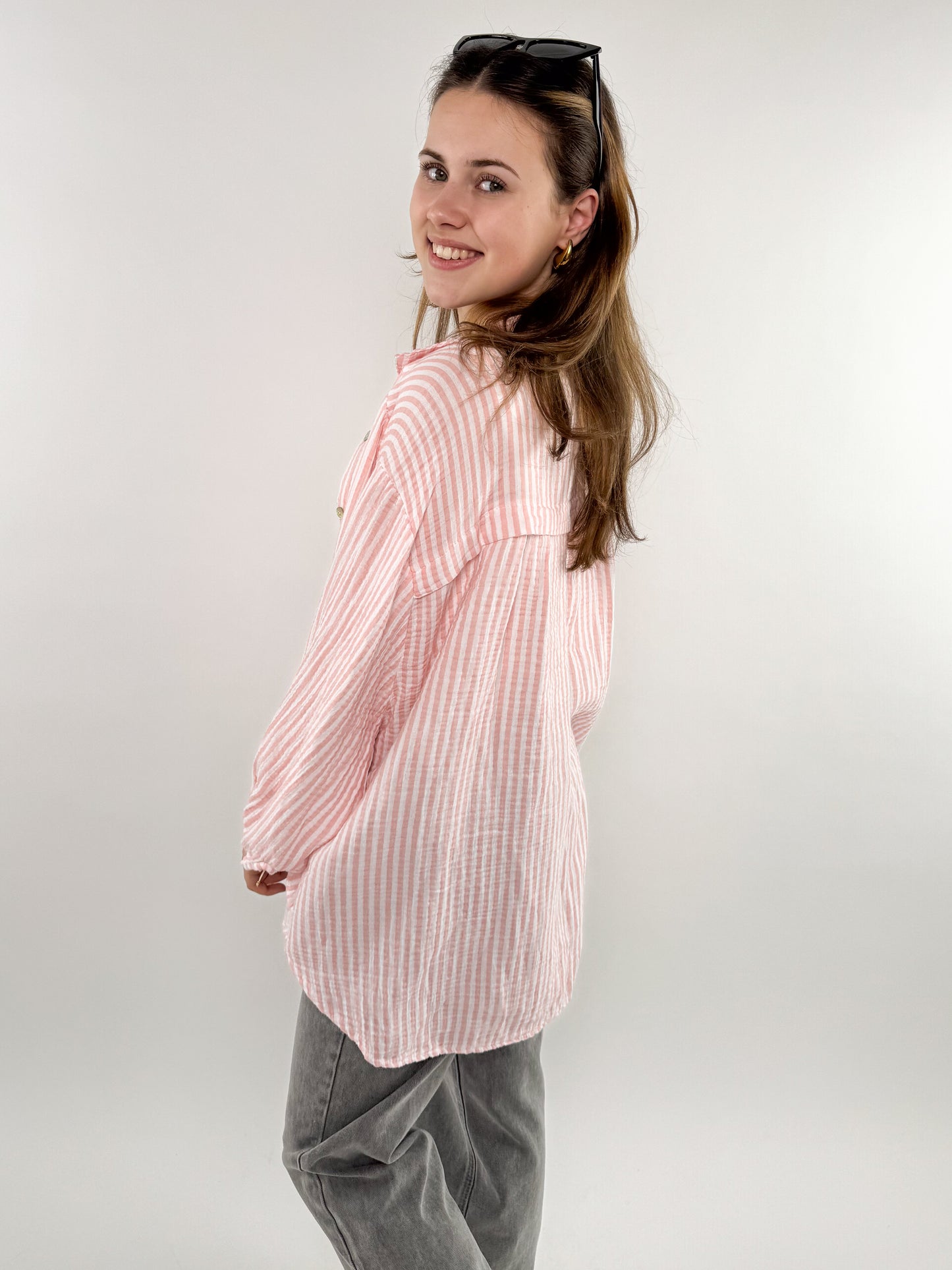 Musselinbluse Stripes kurz - hellrosa