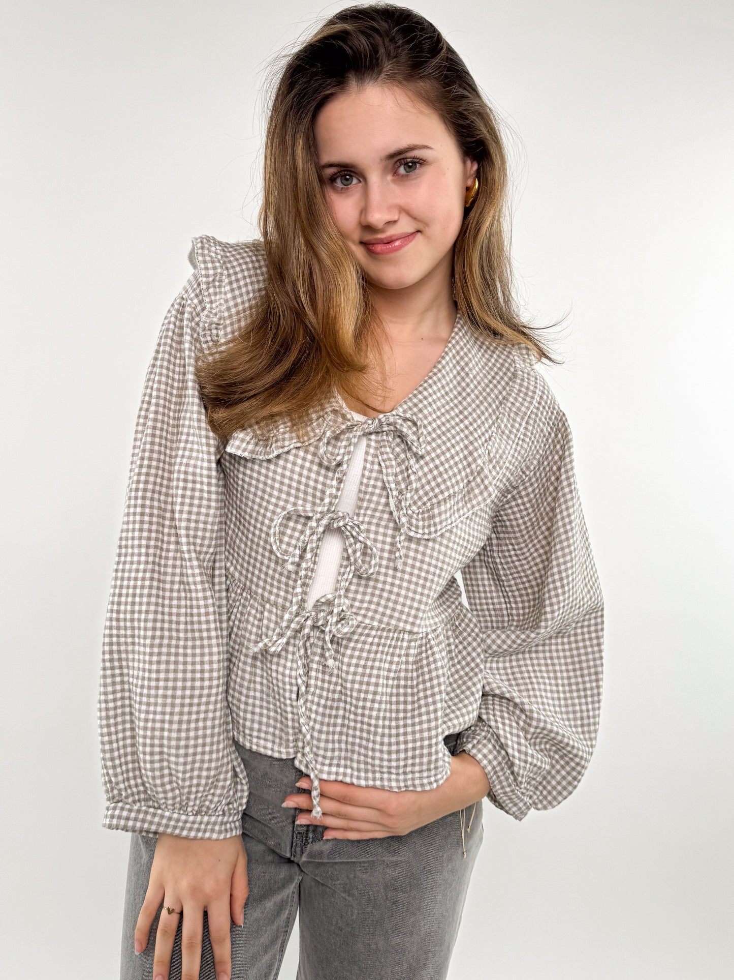 Musselin Bow Cardigan langarm kariert  - beige/braun