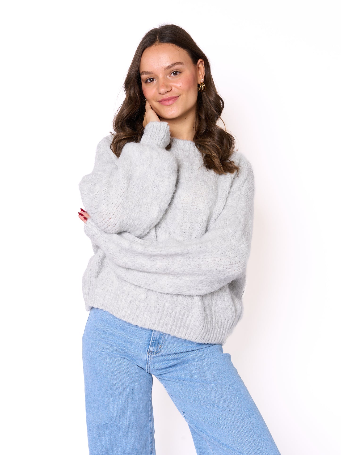 Zopfmuster Strickpullover Jana - Hellgrau