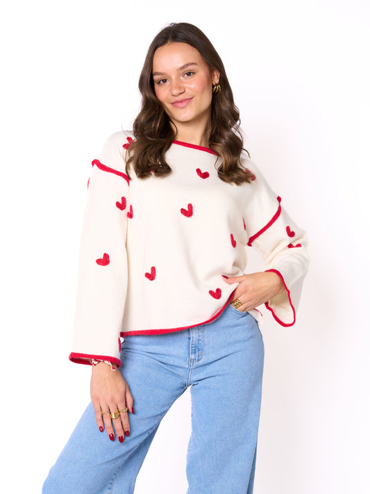 Love Heart Vibes Sweater - Creme mit Rot