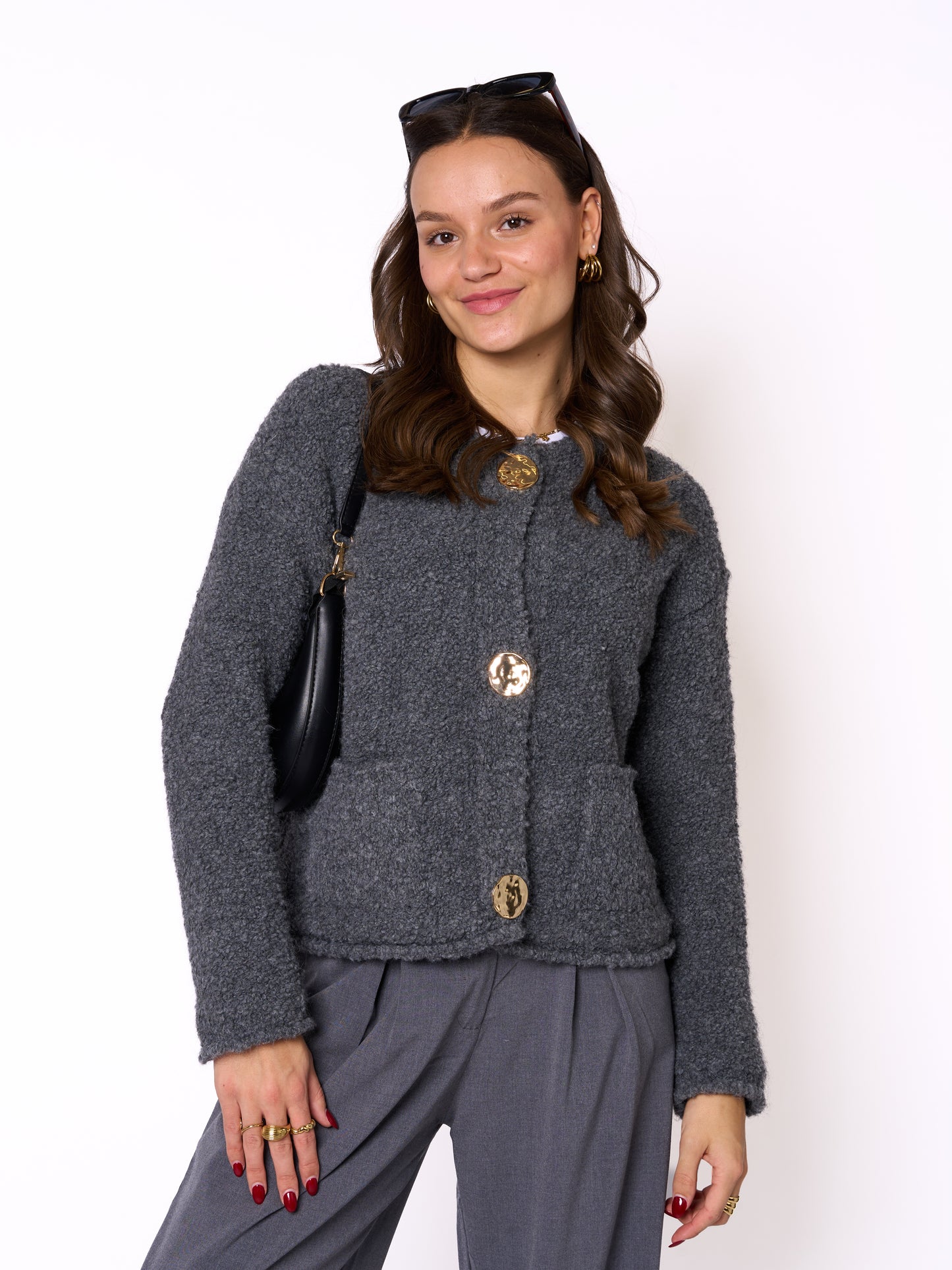 Bouclé Strickjacke Lara - Dunkelgrau