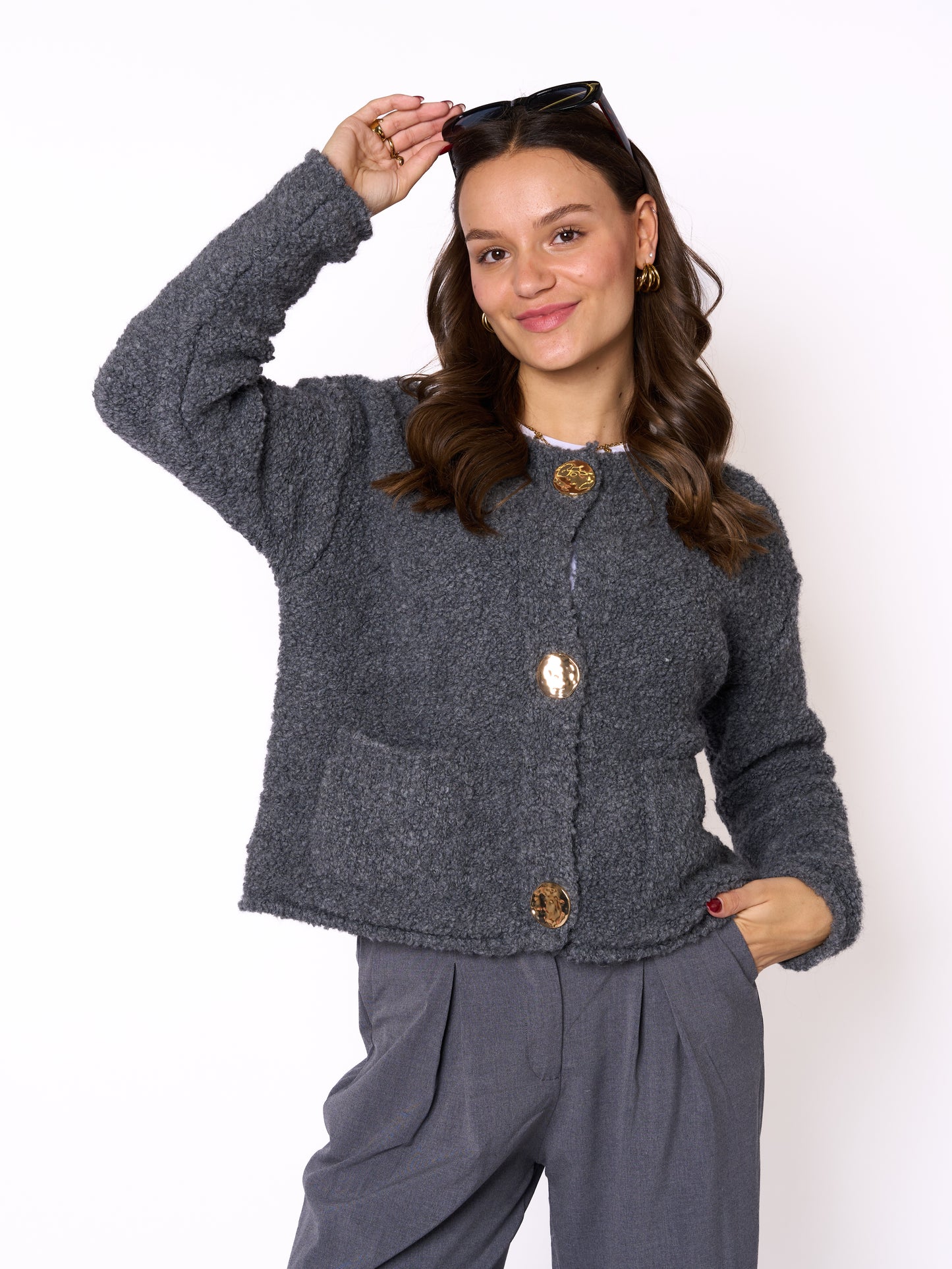 Bouclé Strickjacke Lara - Dunkelgrau