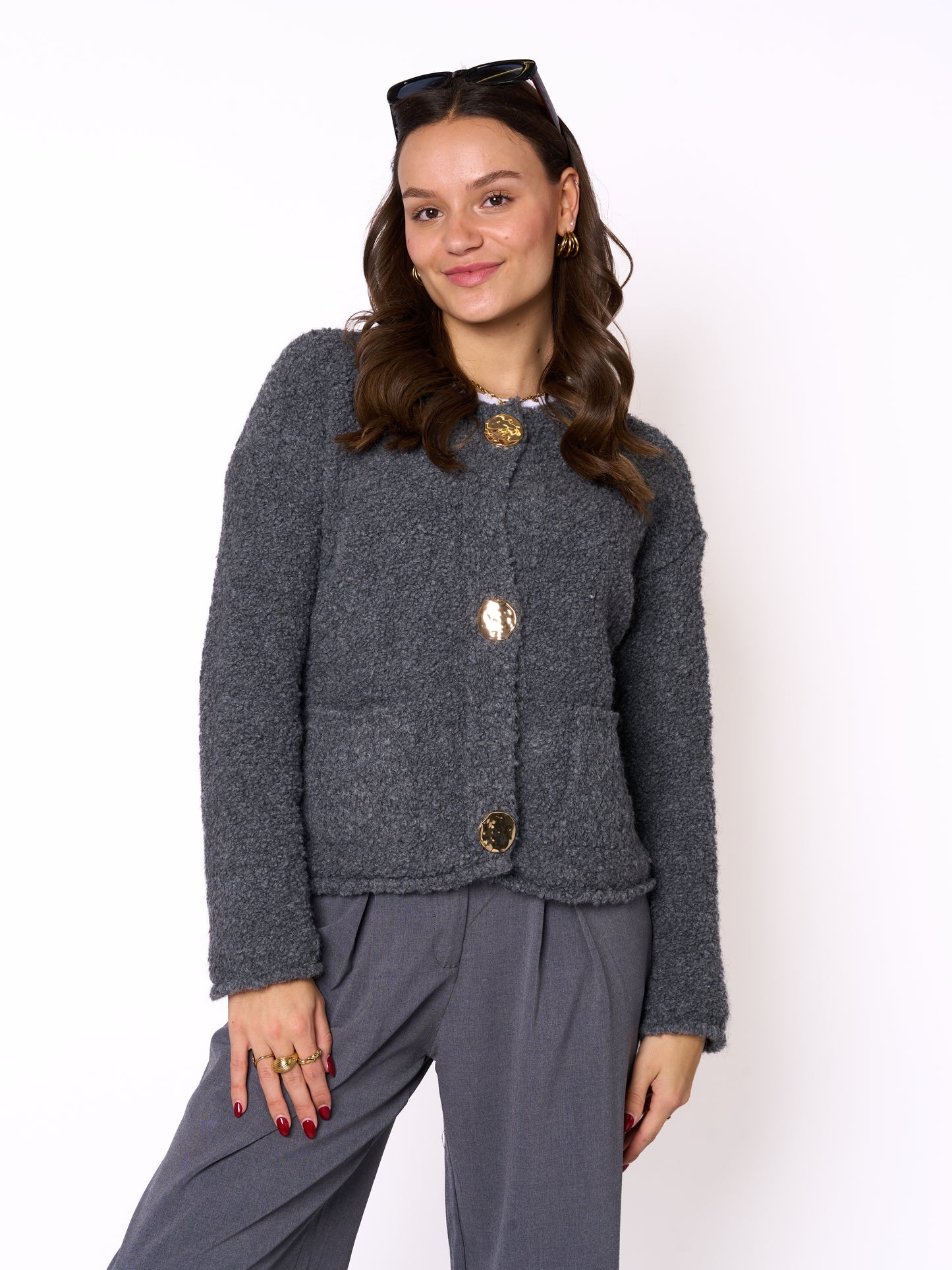 Bouclé Strickjacke Lara - Dunkelgrau