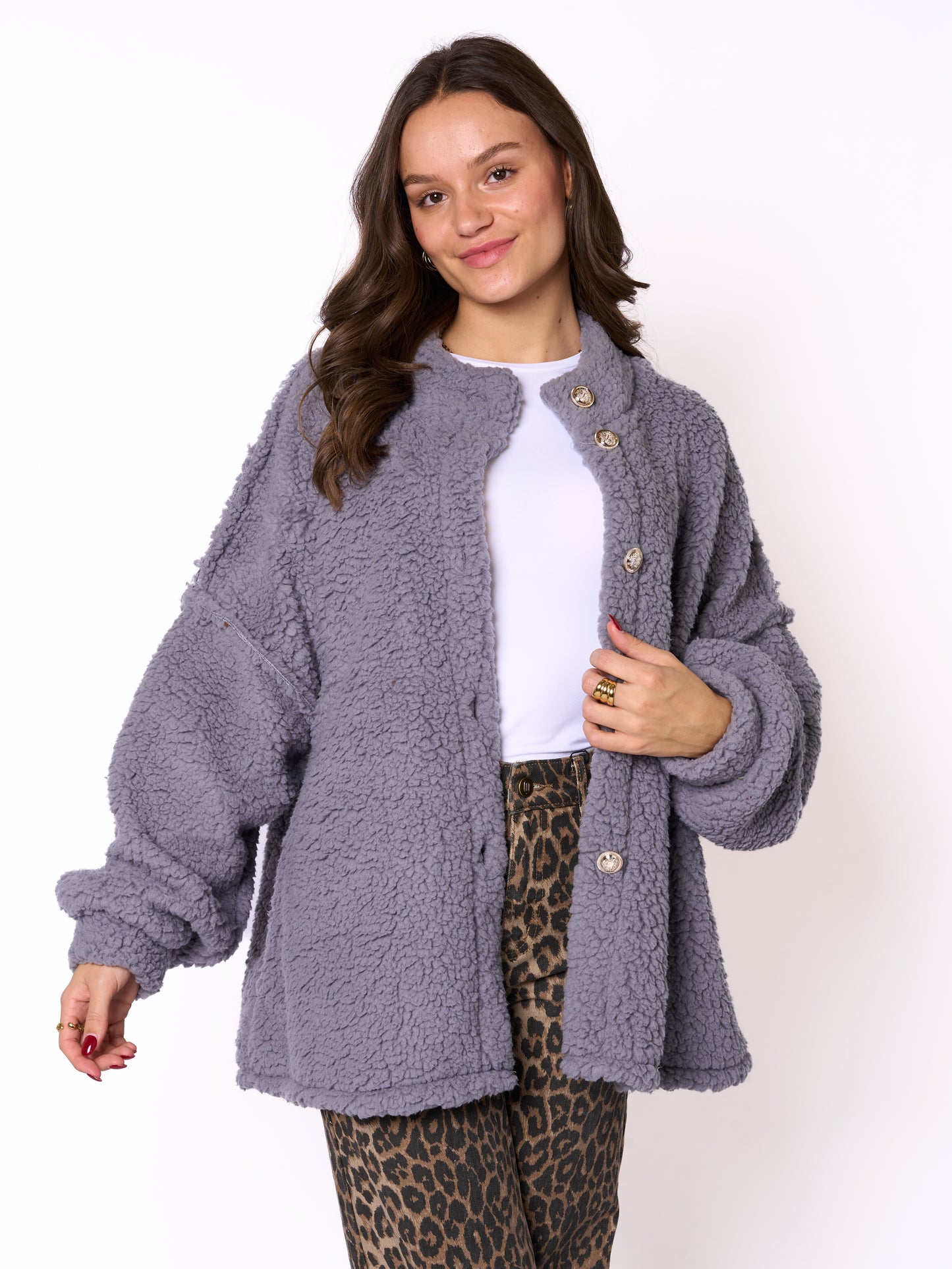 Bouclé Teddyjacke - Blaugrau