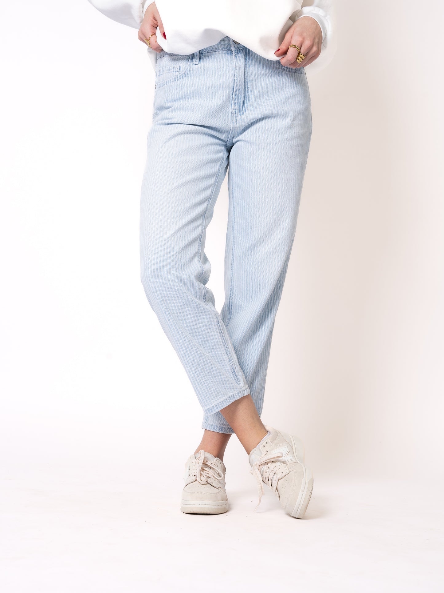 Stripe Vibe Mom Jeans - Light Blue