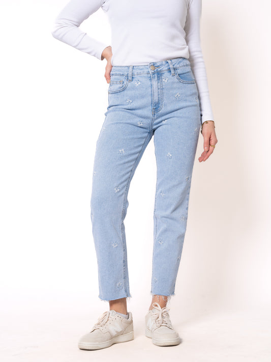 Everyday Flowers Mom Jeans - Light Blue