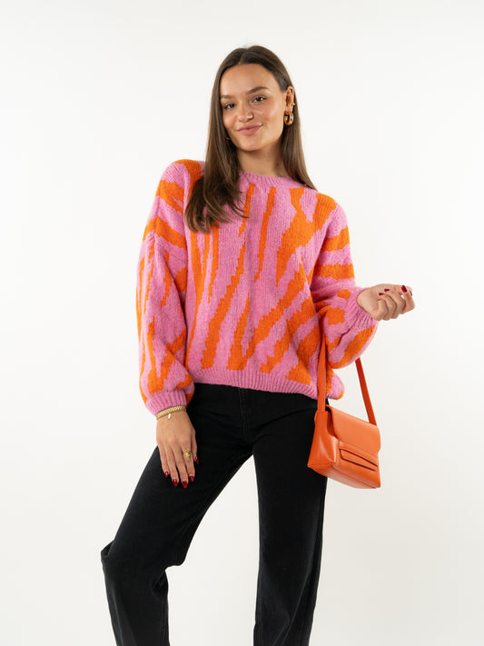 Zebra Strick Pullover - Pink mit Orange