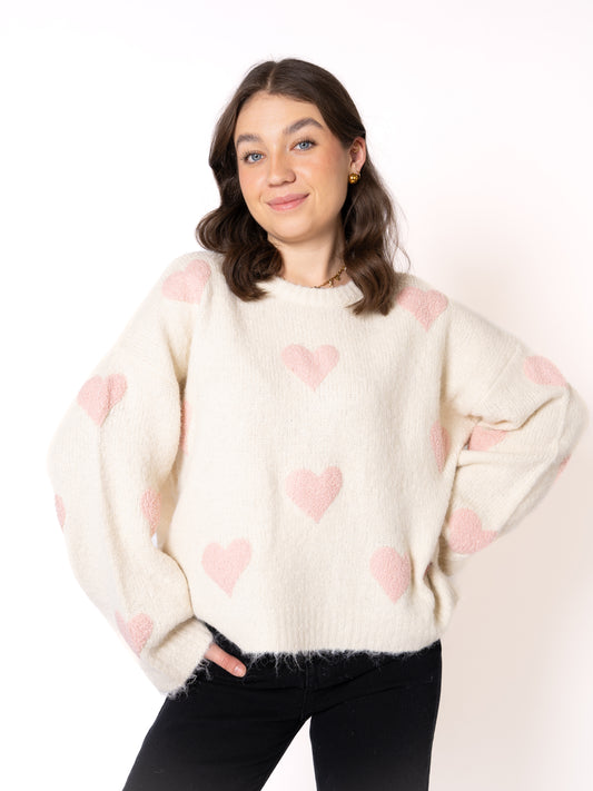 Tender Heart Sweater - Creme mit Rosa