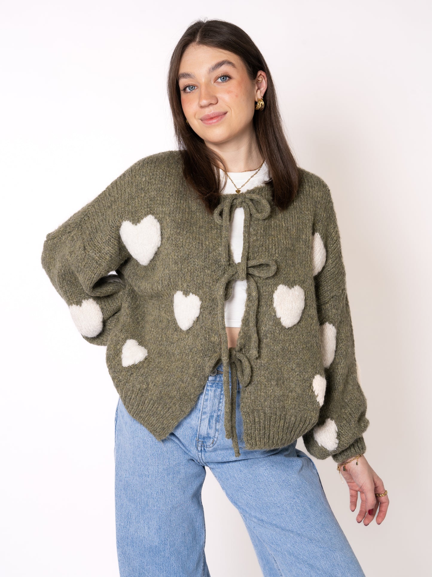 Heart Knit Bow Jacket - Khaki