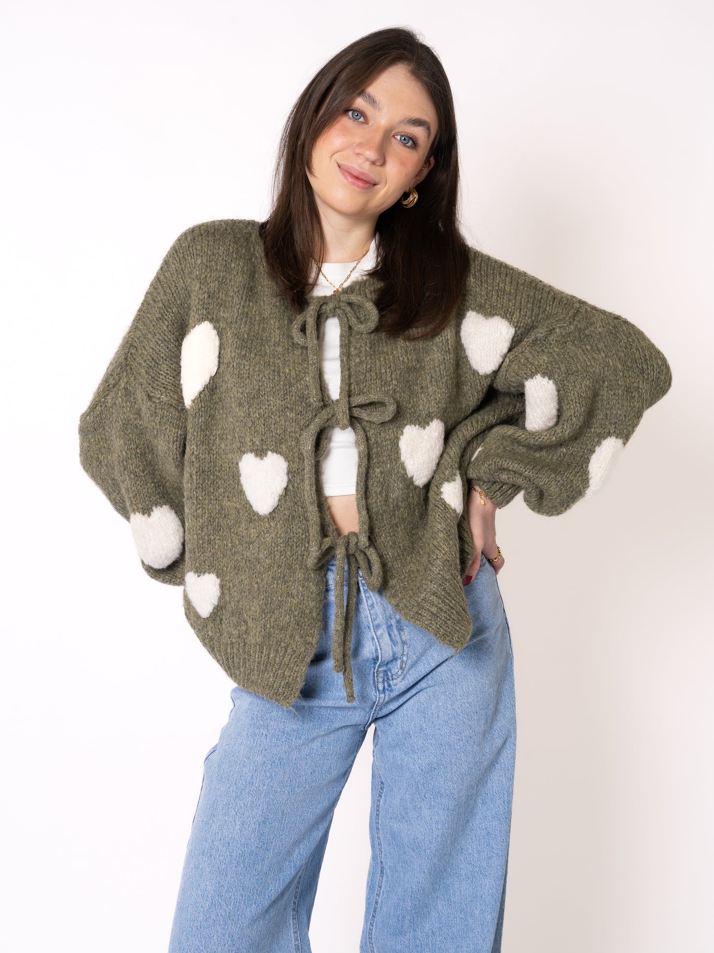 Heart Knit Bow Jacket - Khaki