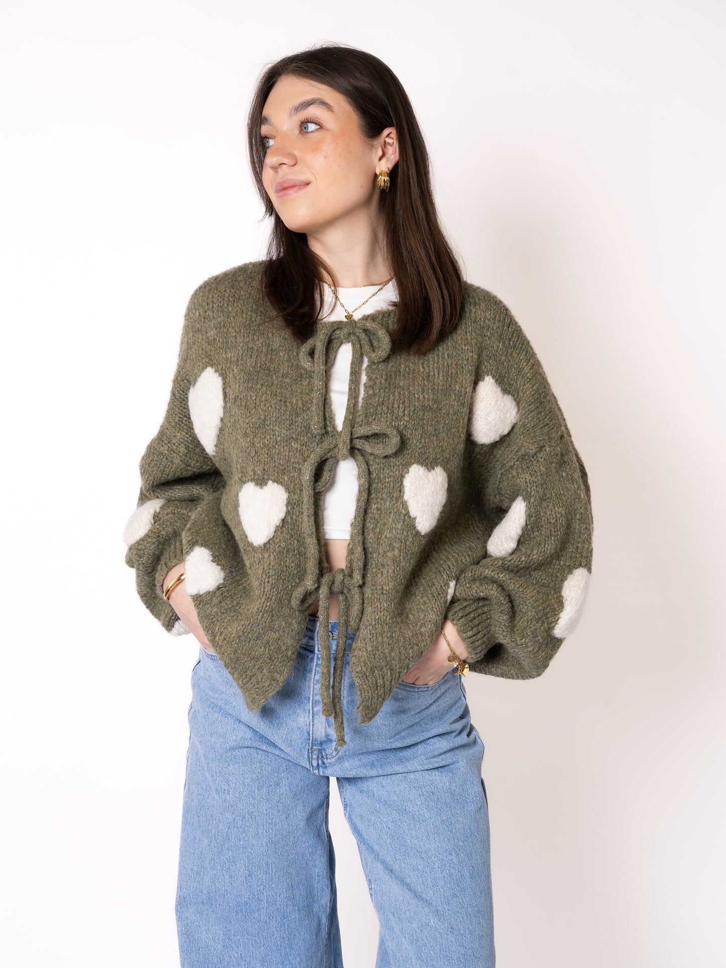 Heart Knit Bow Jacket - Khaki