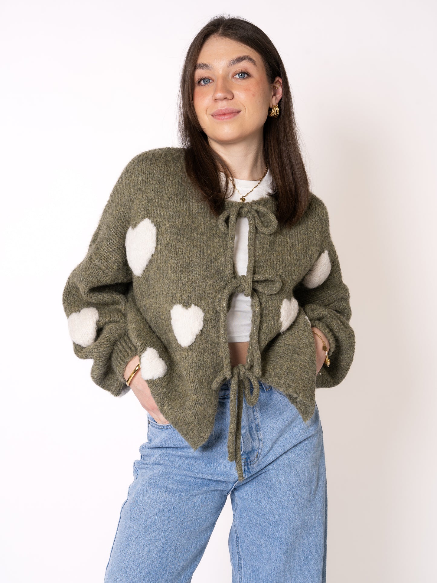 Heart Knit Bow Jacket - Khaki