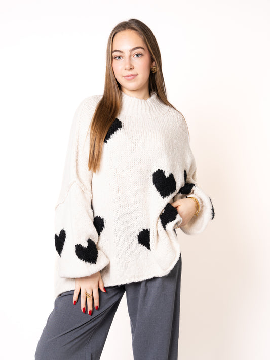 Strickpullover Felina mit Herzchen - Creme mit Schwarz