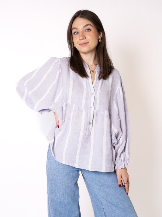 Musselinbluse Luna Wide Stripes - Flieder mit Weiß