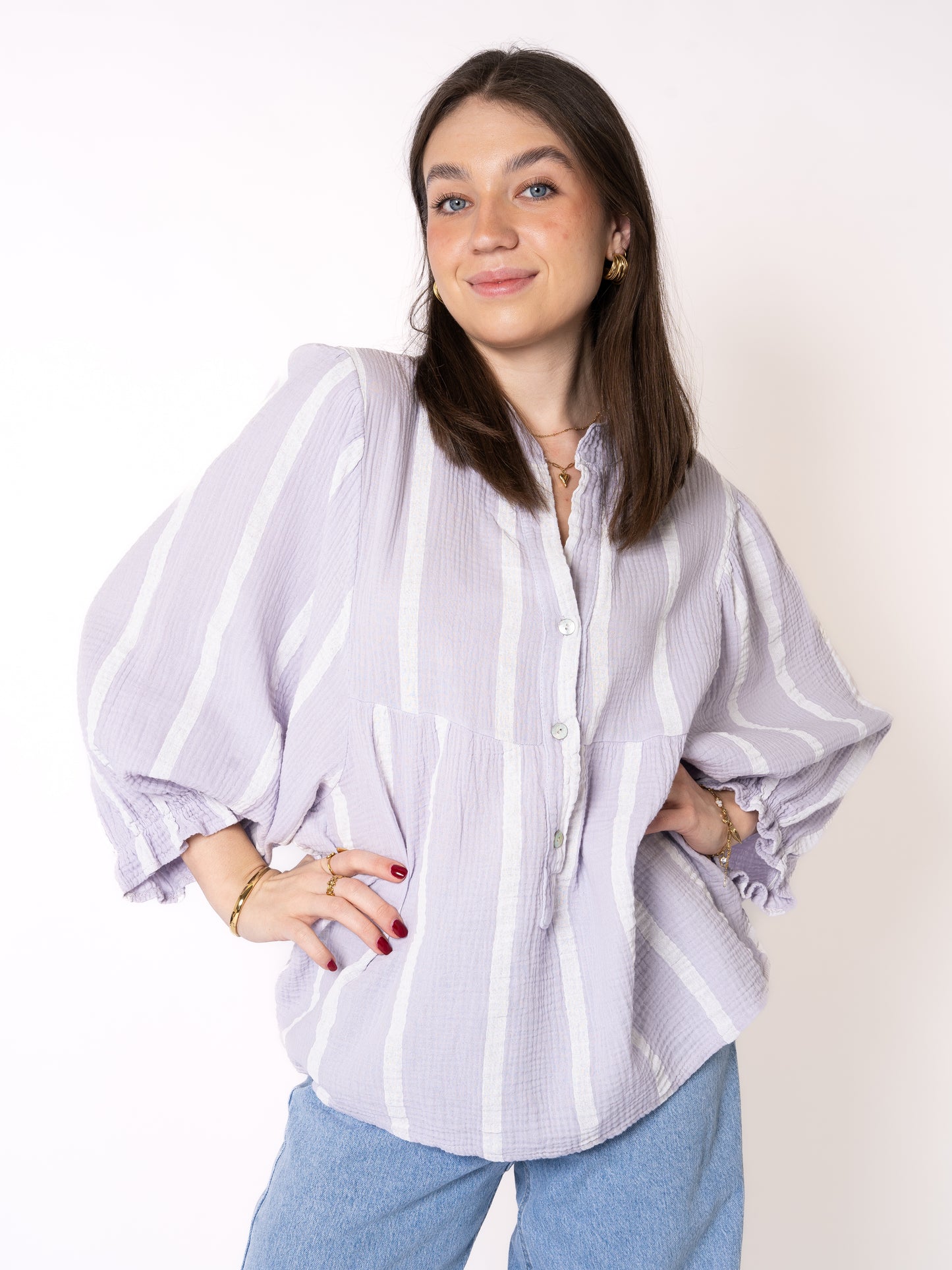 LUCKY DEAL 1235 Musselinbluse Luna Wide Stripes - Flieder mit Weiß - vom Umtausch ausgeschlossen -