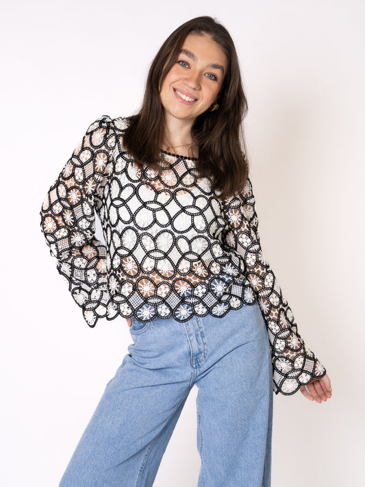 Boho Blouse Elli - Schwarz mit Weiß