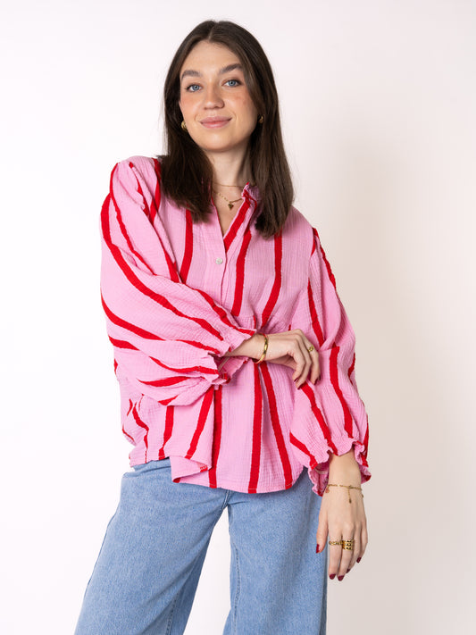 Musselinbluse Luna Wide Stripes - Rosa mit Rot