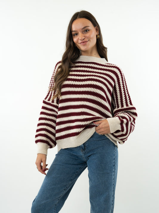 Häkelpullover Brooklyn - Creme mit Bordeaux